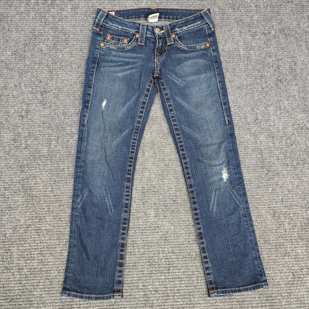 True Religion Lizzy Crop Jeans Womens 25 Blue Distressed Low Rise USA